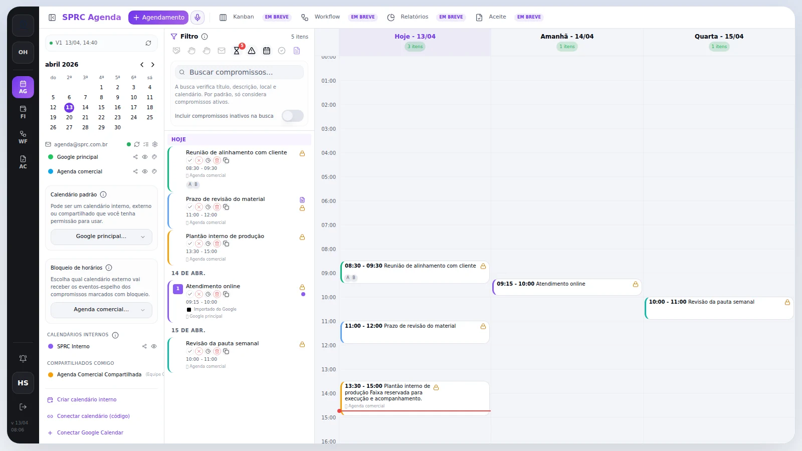 Tela real da Agenda do HUB.SPRC, com compromissos e calendários compartilhados
