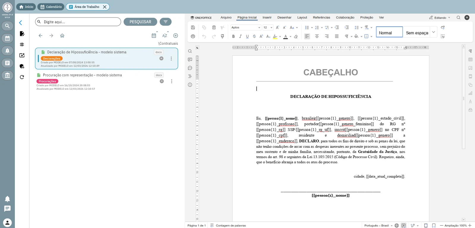 Editor de documentos do OESTAGIARIO com modelos e campos automáticos
